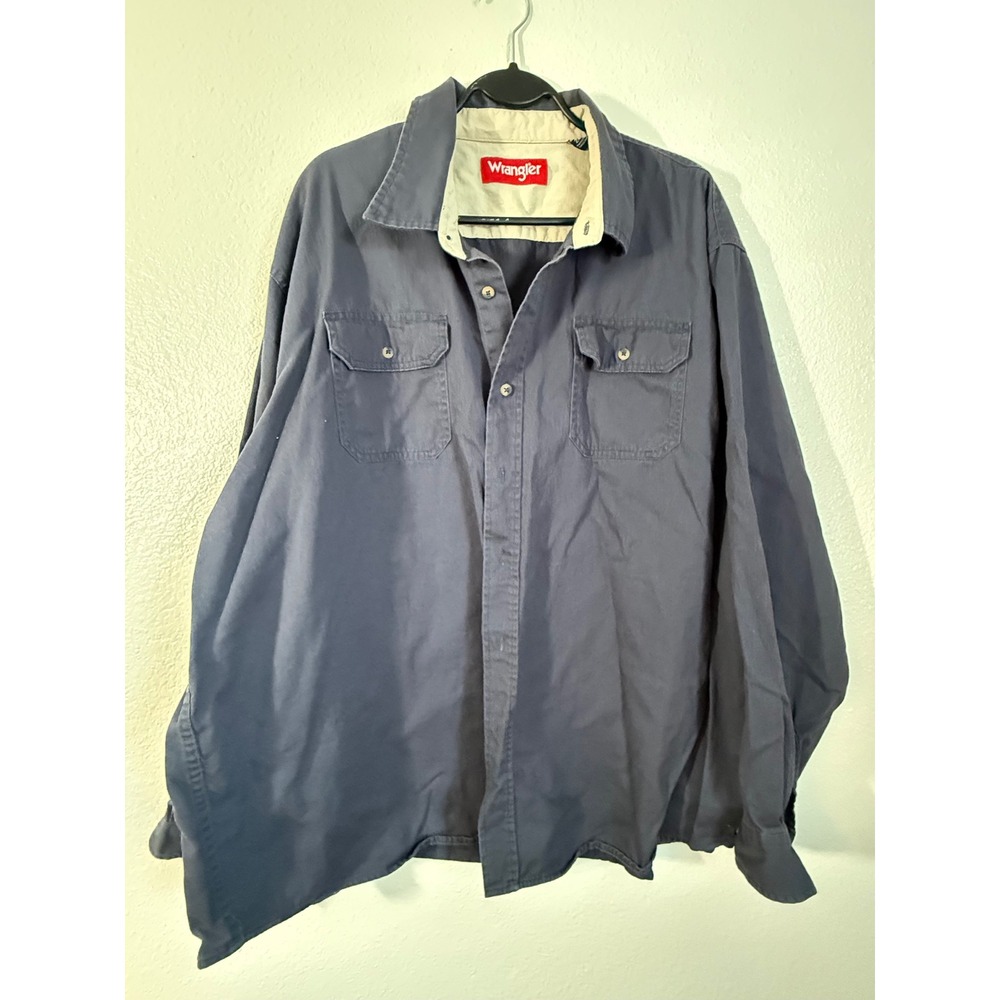 Wrangler‎ Mens Navy Blue Cotton Twill Long Sleeve Button Down Work Shirt 2XL